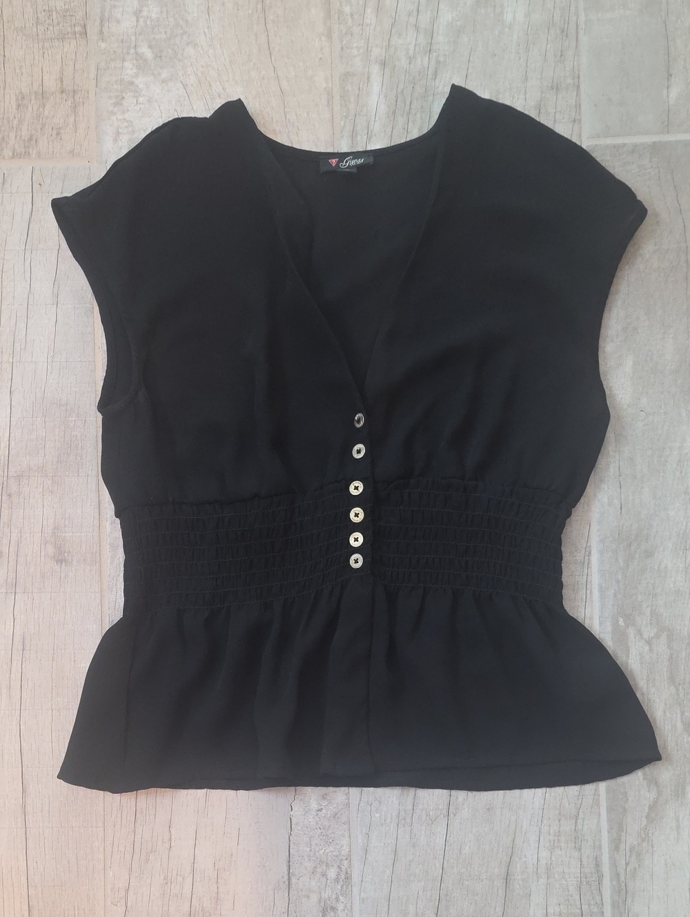 Guess Black V-Neck Smocked Waist Button-Front Top